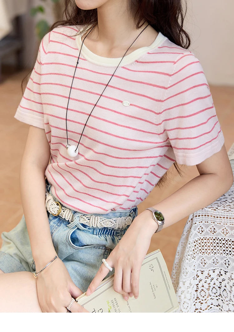Mishow Striped Contrast Round Neck Tee MXE35Z1270