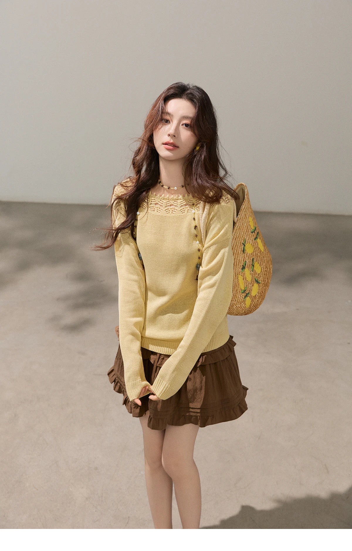 Mishow Yellow Hollow Lace Trim Boat Neck Sweater MXF15Z3050