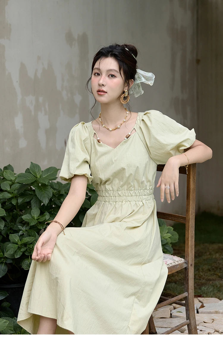 Mishow French V-Neck Bubble Sleeve Back Green Dress MXD22L1825