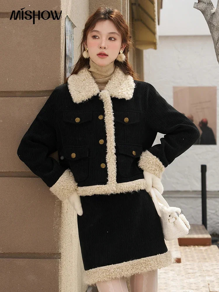 Mishow French Corduroy Patchwork Jacket & Mini Skirt Set MXC57W0180