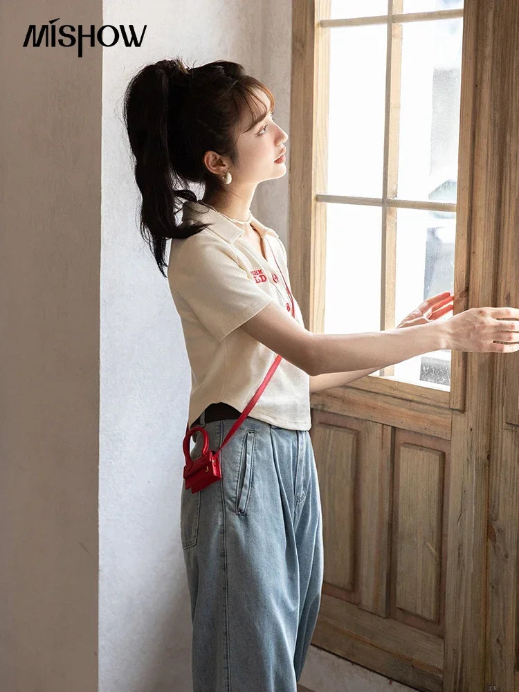 Mishow Korean Polo Collar Embroidery Letter Tee MXB32T0477