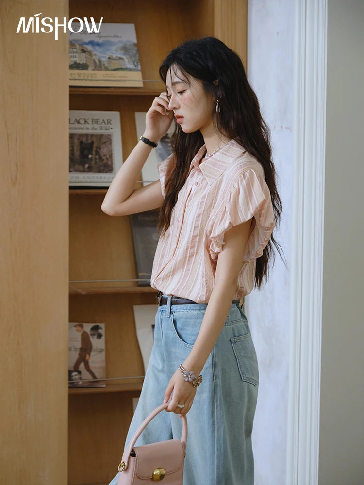 MISHOW Pink Turn-Down Collar Shirt Flower Bud Sleeve Striped MXD24C0204