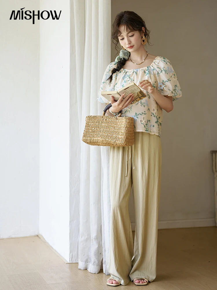 MISHOW Floral Hollow Blouse Square Collar Puff Sleeve MXD29X1602