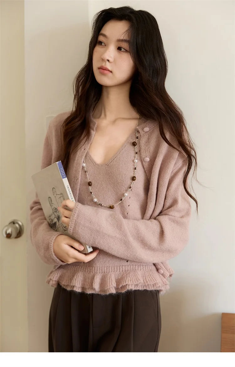 Mishow Pink Crew Neck Cardigan & Suspenders Set MXE48T1404