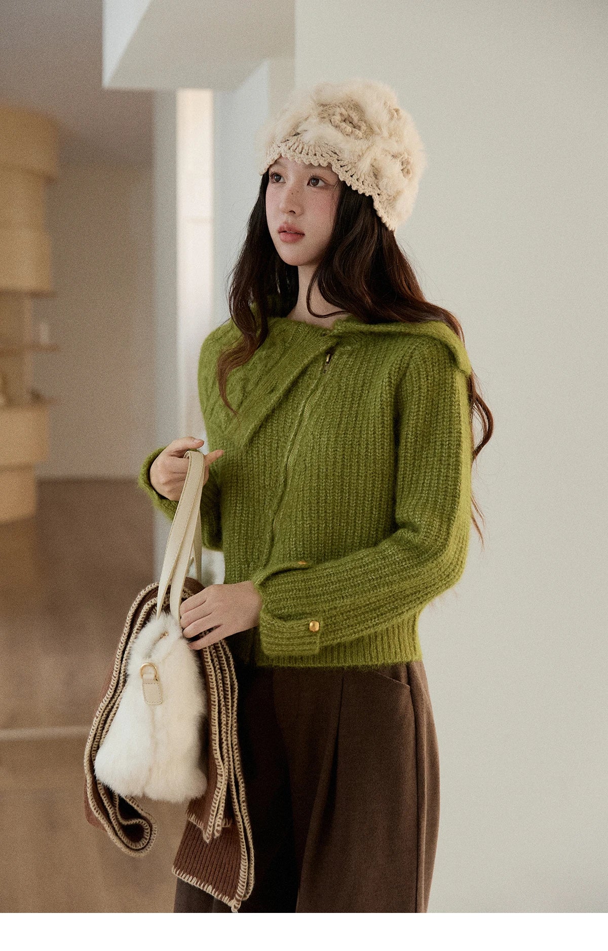 Mishow Green Wool Blend Long-Pile Large Lapel Pullover MXE90Z2760