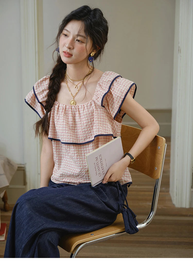 Mishow Square Neck Ruffles Plaid Blouse & High Waist Wide Leg Pants Set MXE36T0636