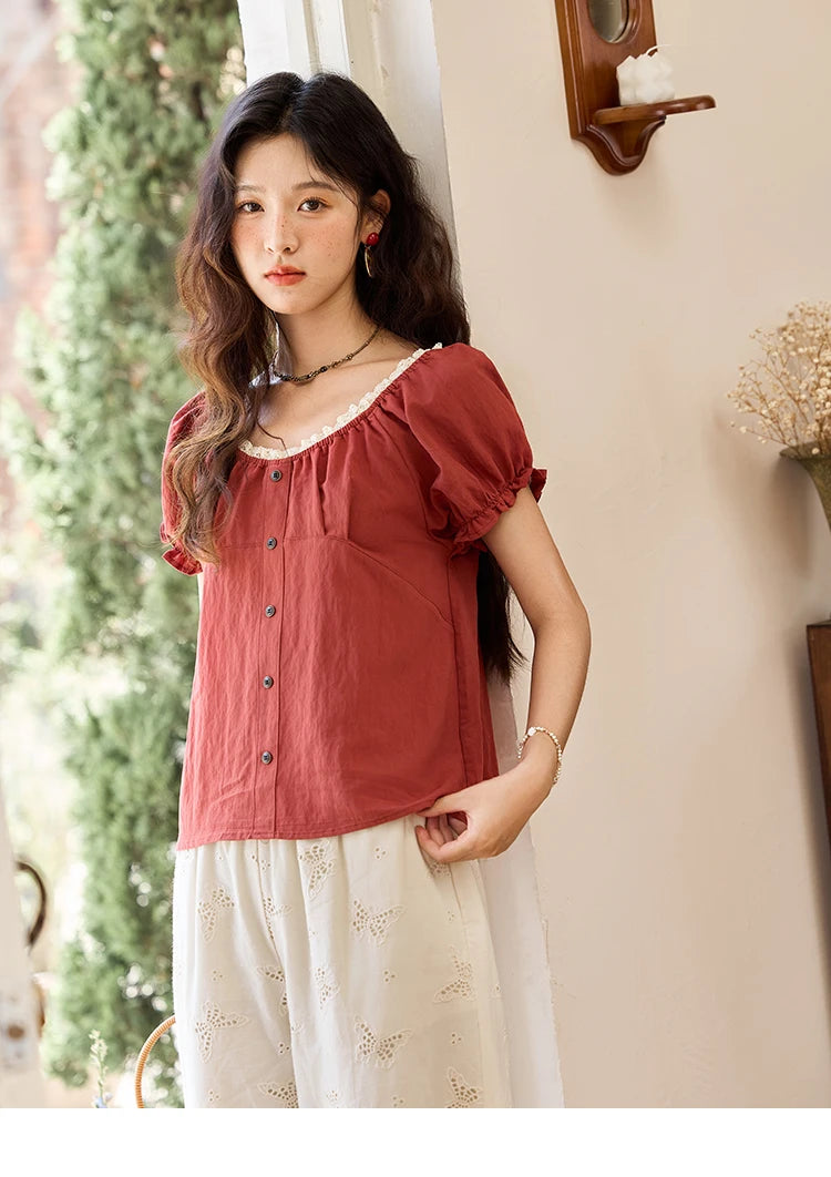 MISHOW Short Puff Sleeve Blouse Lace Collar Slimming MXE35X1827