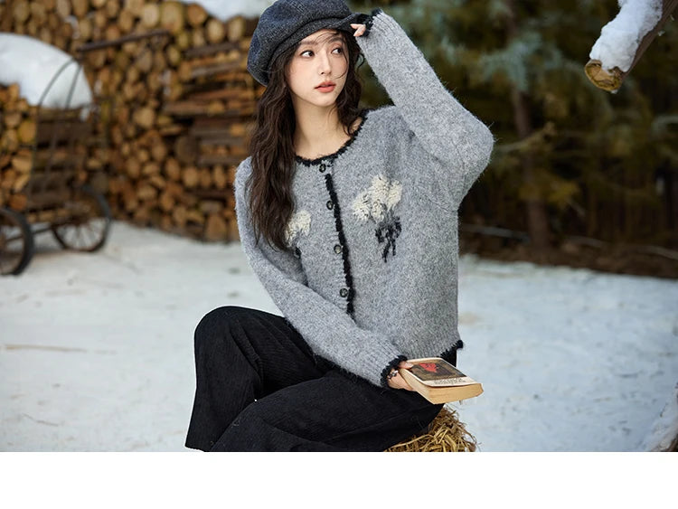 Mishow Wool Blend Bouquet Embroidery Color Clash Cardigan MXD54Z0951