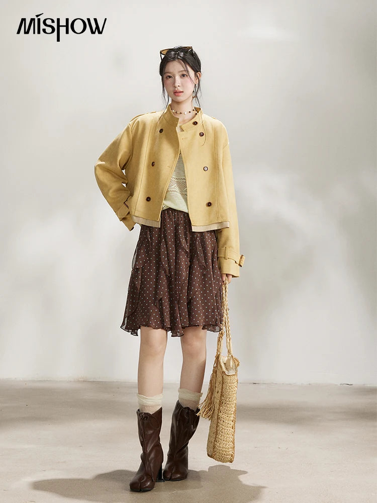 Mishow Yellow Double-Breasted Stand Collar Trench MXF11W1026