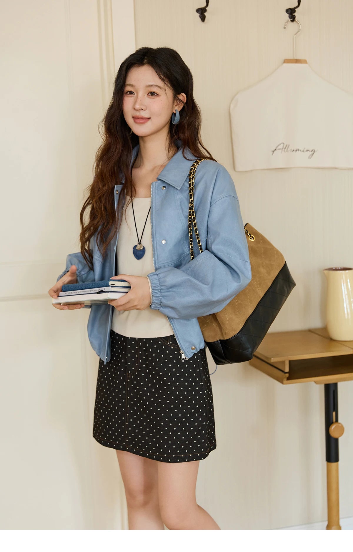 MISHOW Blue Short Jacket Hip-Hop Style Loose Zipper Pu Leather MXE45W0822