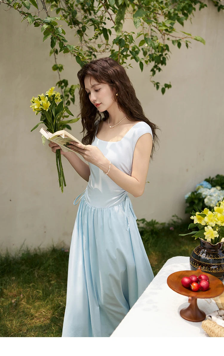Mishow Square Neck Patchwork Side Drawstring Dress MXD23L1818