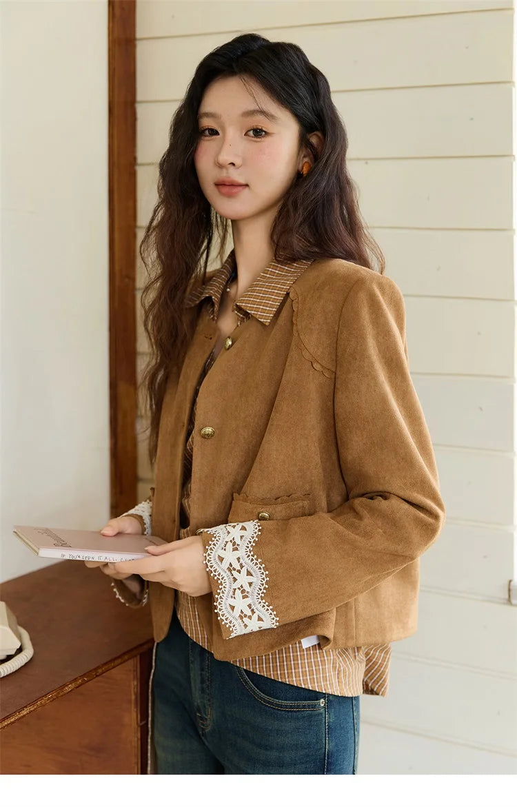 MISHOW Fragrant Suede Jacket Cuffs Hollowed Out Lace Metal Button MXE46W0839