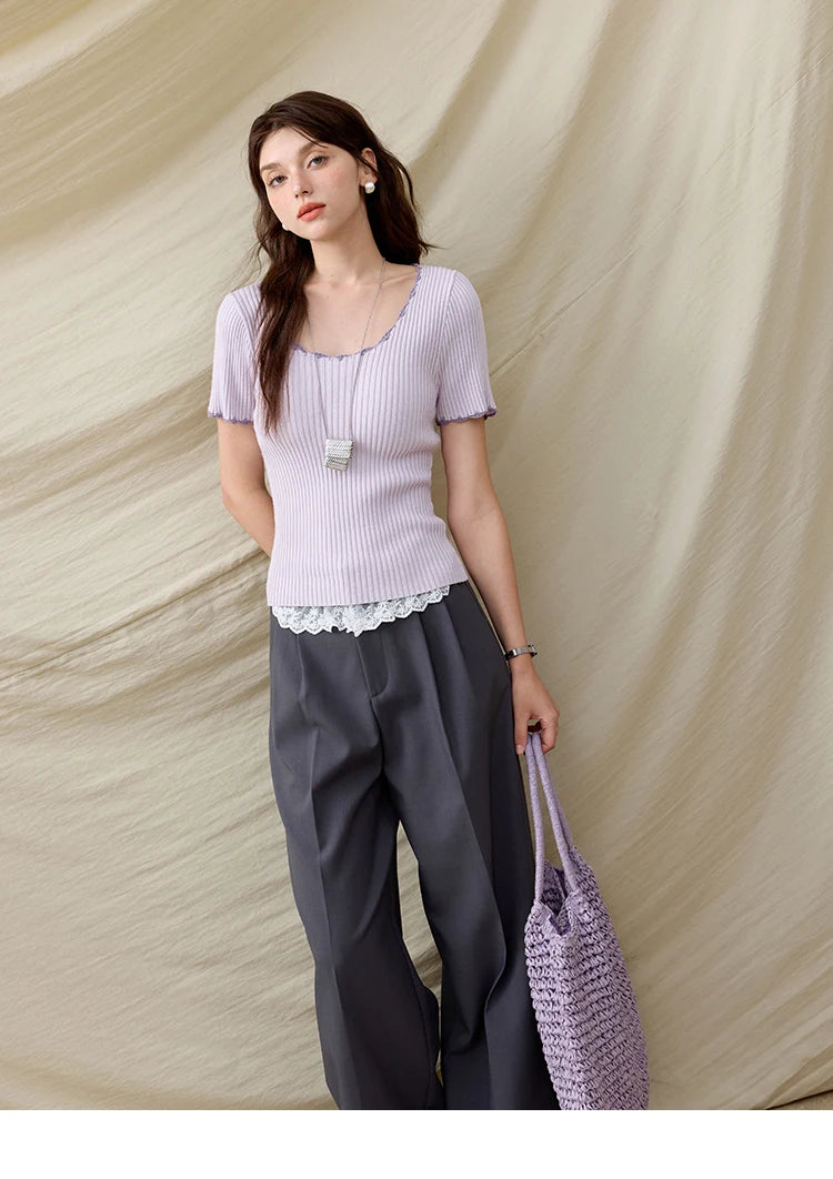 Mishow Office Lady Lace Collar Contrast Hook Top MXE33Z1218