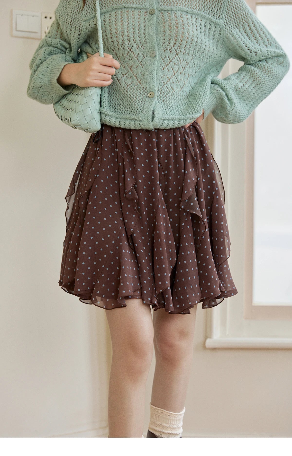 Mishow Brown Polka Dot Ruffled Chiffon Mini Skirt MXF13B2476