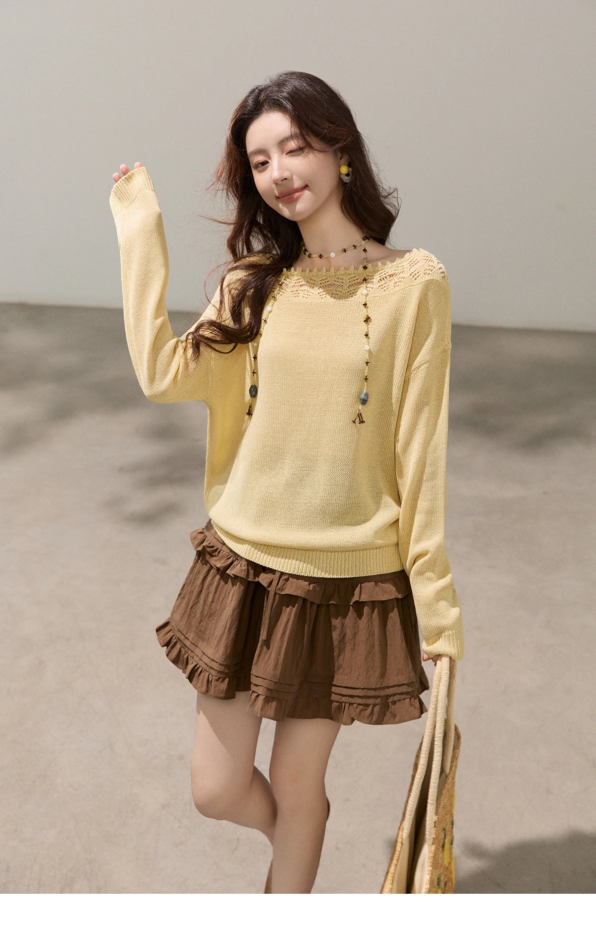 Mishow Yellow Hollow Lace Trim Boat Neck Sweater MXF15Z3050