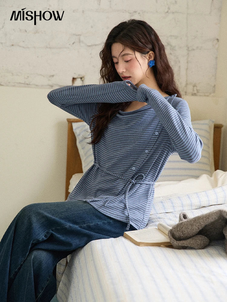 Mishow Retro Crew Neck Tie-Up Striped Top MXE87Z2700