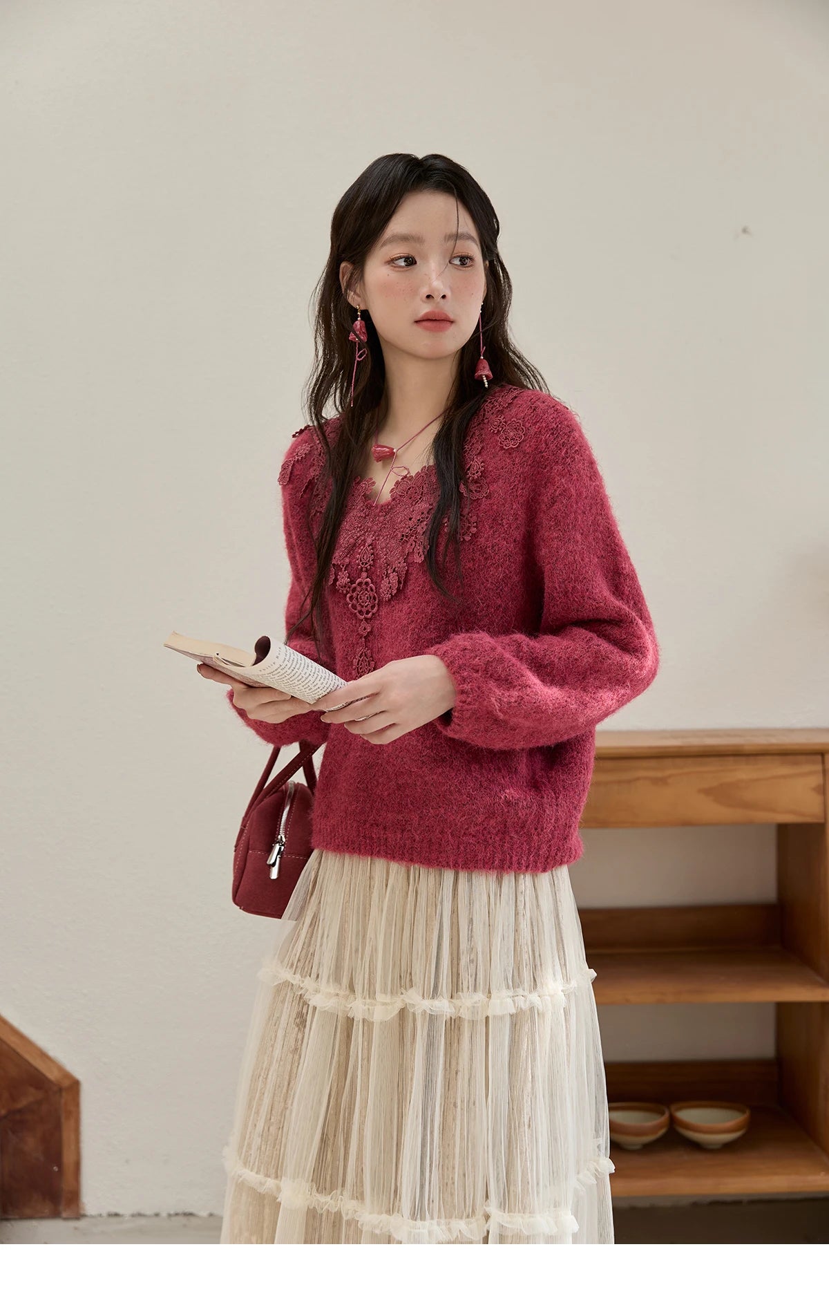 Mishow Pink Lace Wool V-Neck Lantern Sleeve Pullover MXE51Z2632