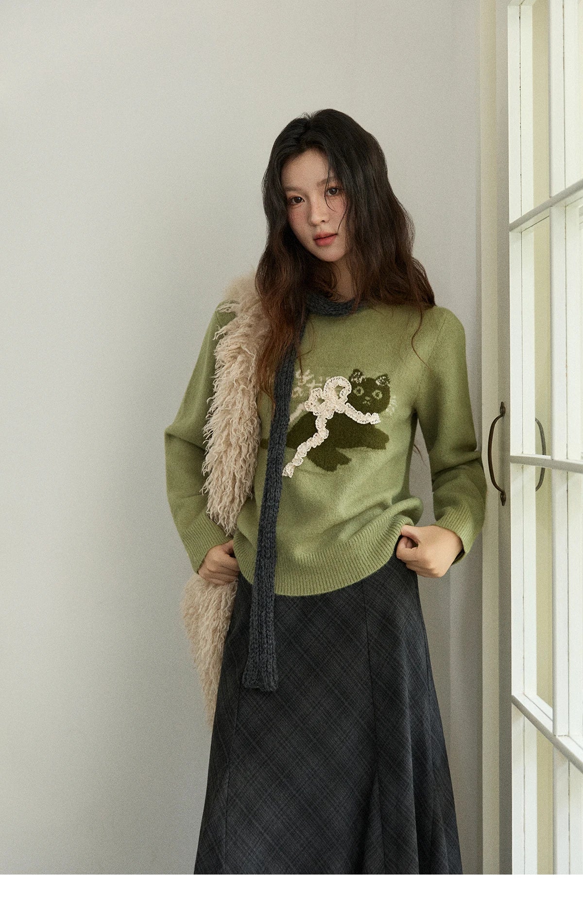 Mishow Cat Jacquard Three-Dimensional Bow Pullover MXE86Z2750