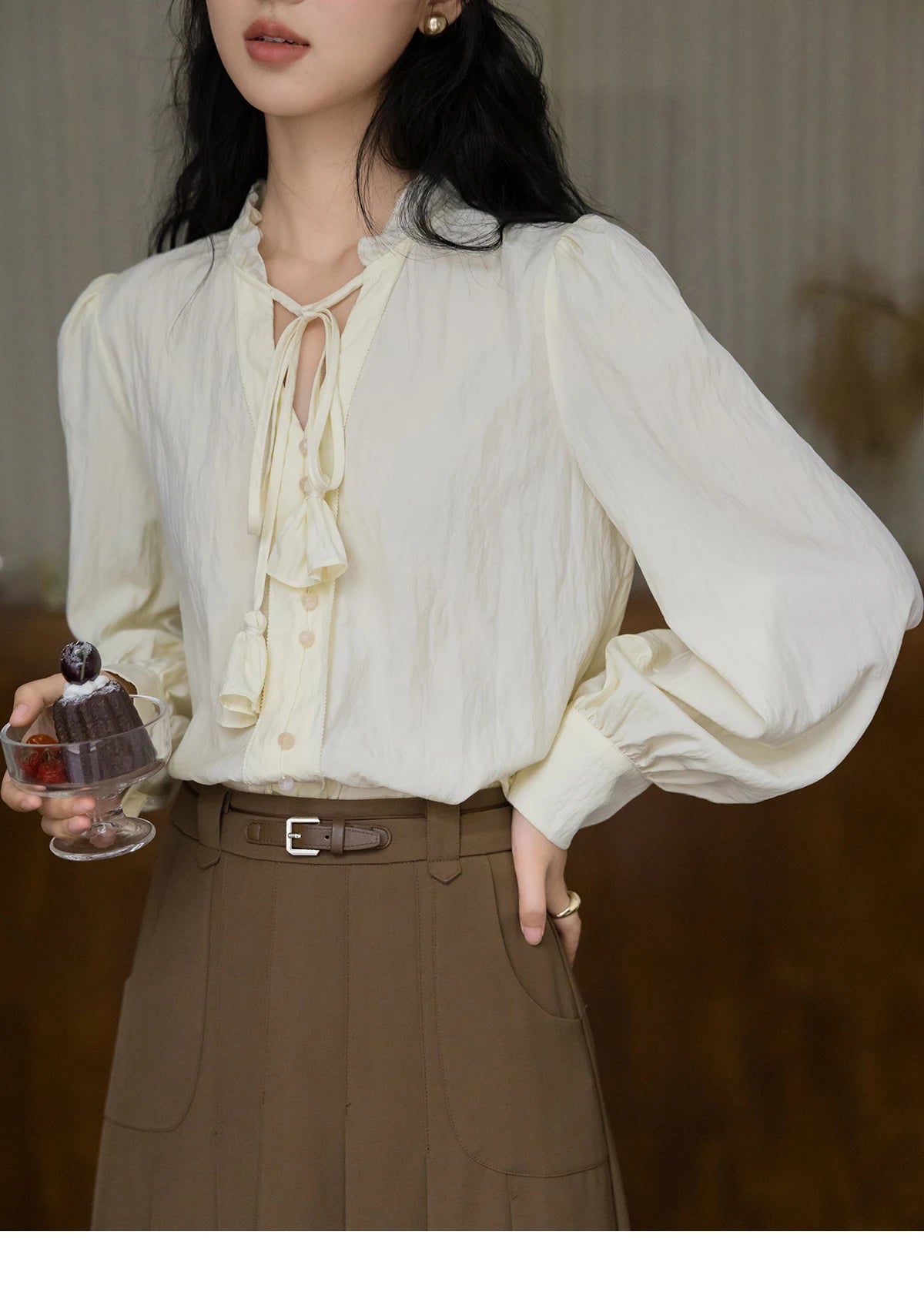 MISHOW Flower Bud Tie Lyocell Shirt V-Neck Long Sleeve MXD42X1640