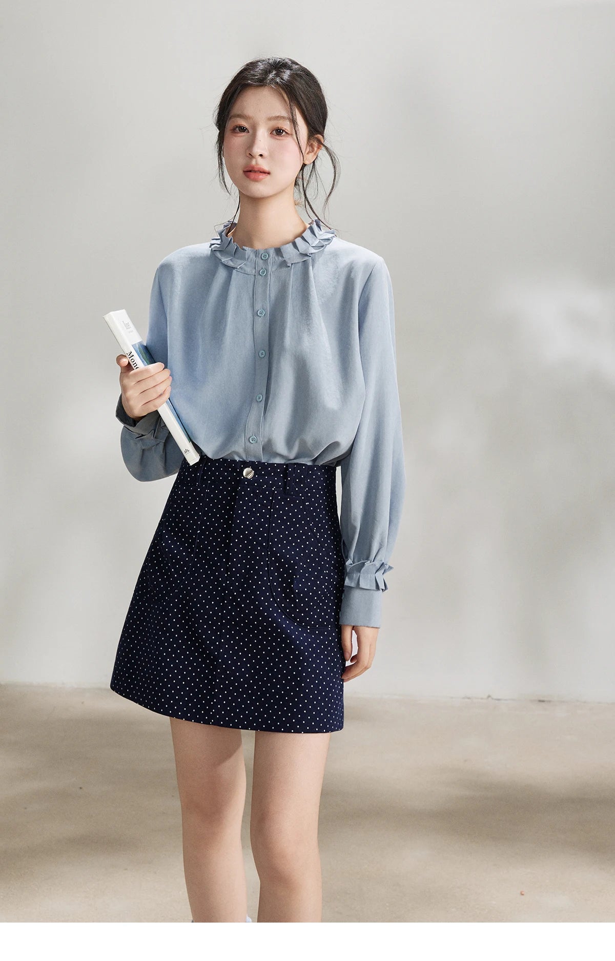 MISHOW Peach Skin Solid Shirt Ruffled Crew Neck MXF11C2431