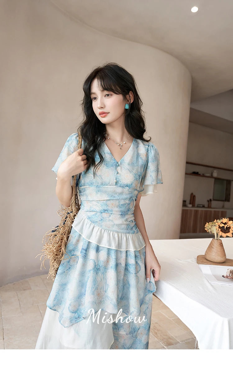 Mishow Van Gogh Double Layer Sleeve Asymmetrical Dress MXC39L1527