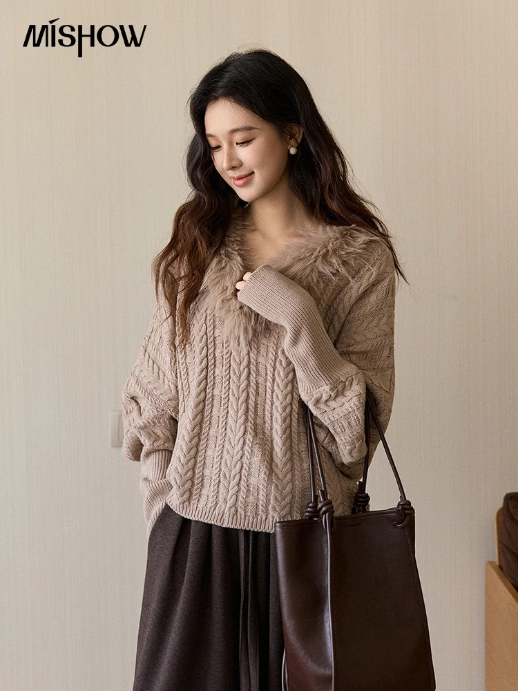Mishow Faux Fur Collar Batwing Cable Knit Pullover MXE94Z2985