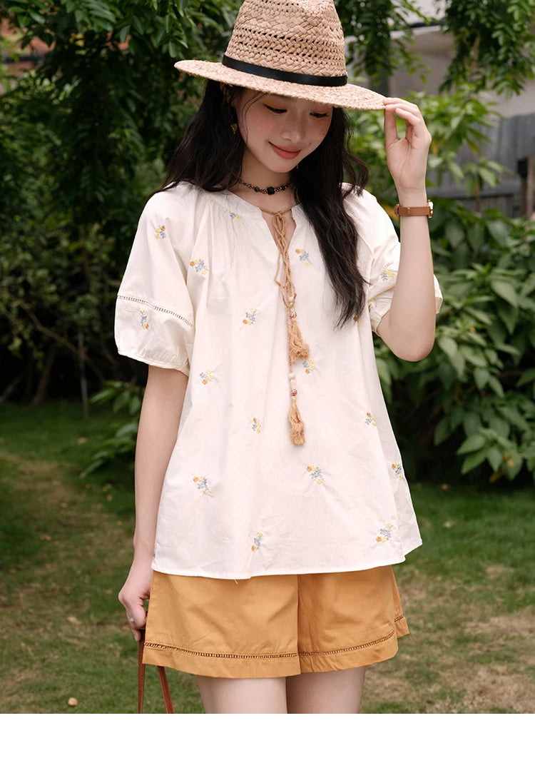 Mishow Puff Sleeve Lace-Up Top & Elastic Waist Shorts Set MXE38T0684