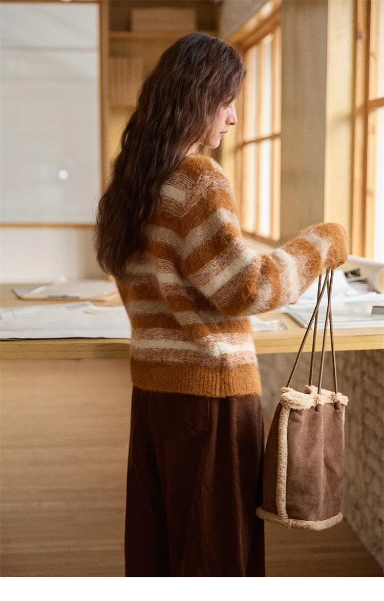 Mishow Retro Striped Round Neck Wool Cardigan MXE87Z2723