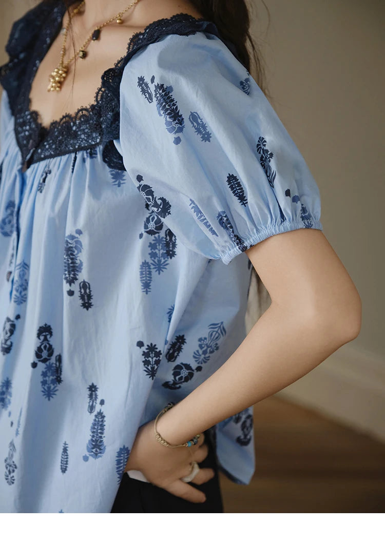 MISHOW Print Cotton Shirt Puff Sleeve Lace Splicing MXE35X1842