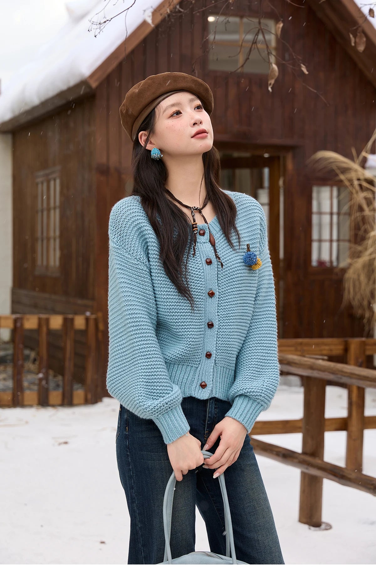 Mishow Blue Crew Neck Pompom Decor Cardigan MXE51Z2551