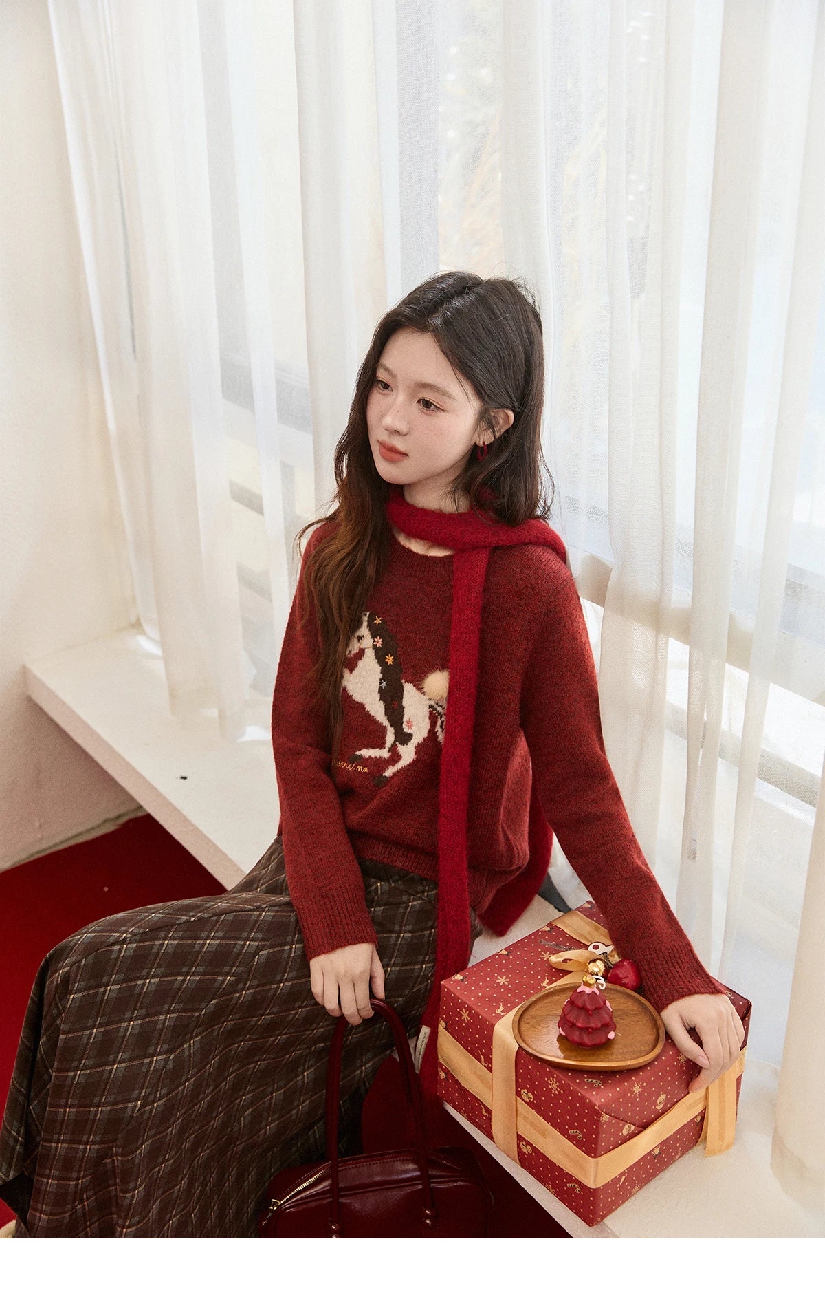 Mishow Christmas Red Jacquard Pony Sweater MXE94Z2861
