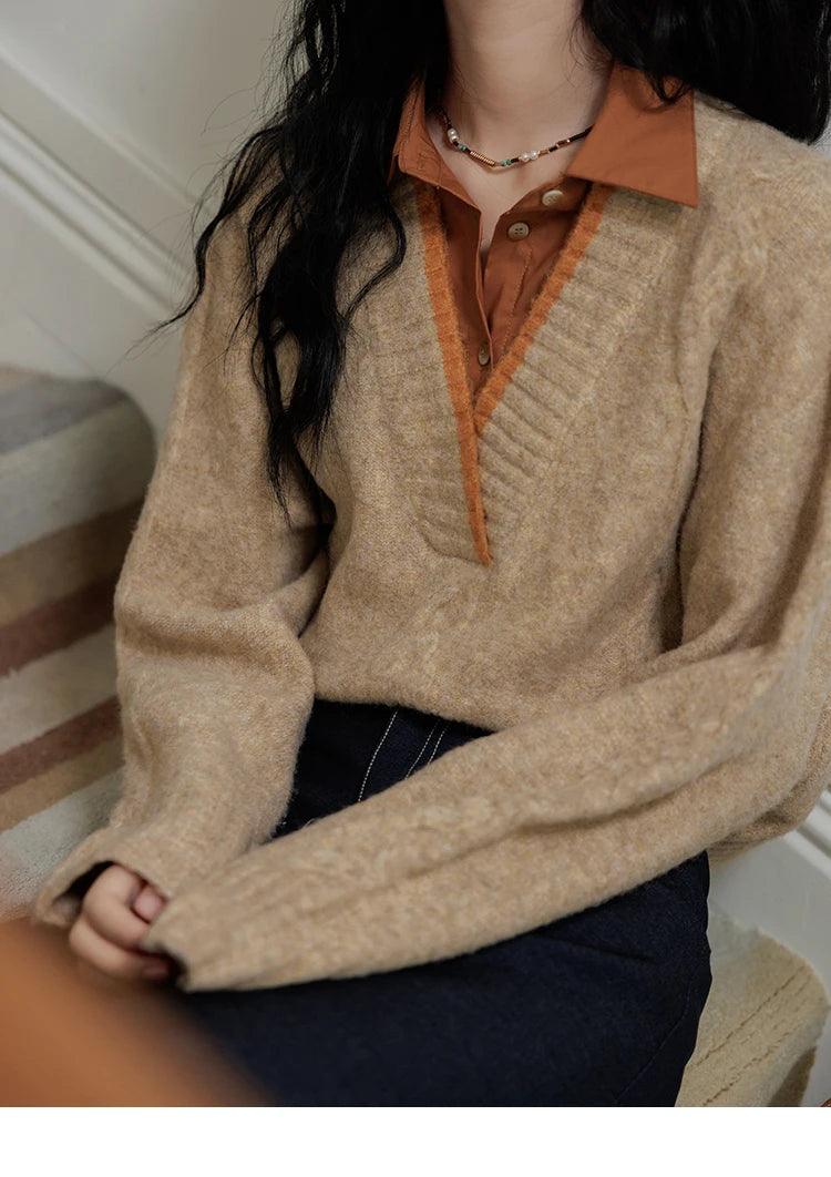 Mishow Vintage False Two-Piece V-Neck Knit Top MXD42Z0695