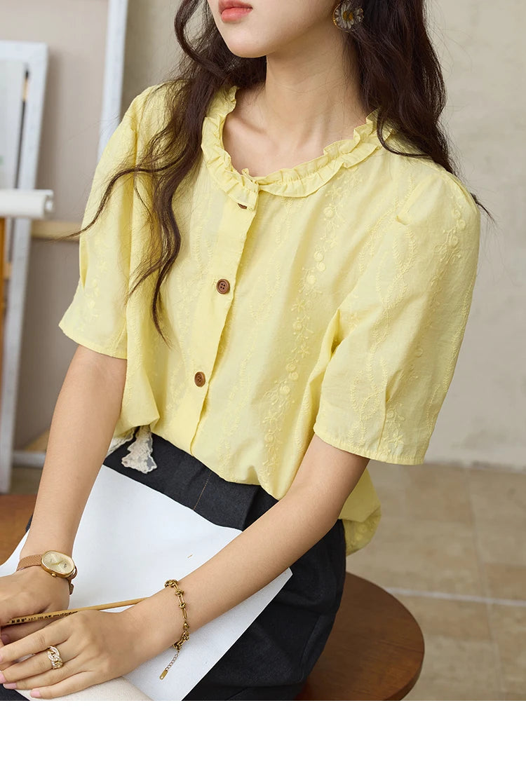 MISHOW 100% Cotton Puff Sleeve Shirt Round Neck Button MXE36X1873