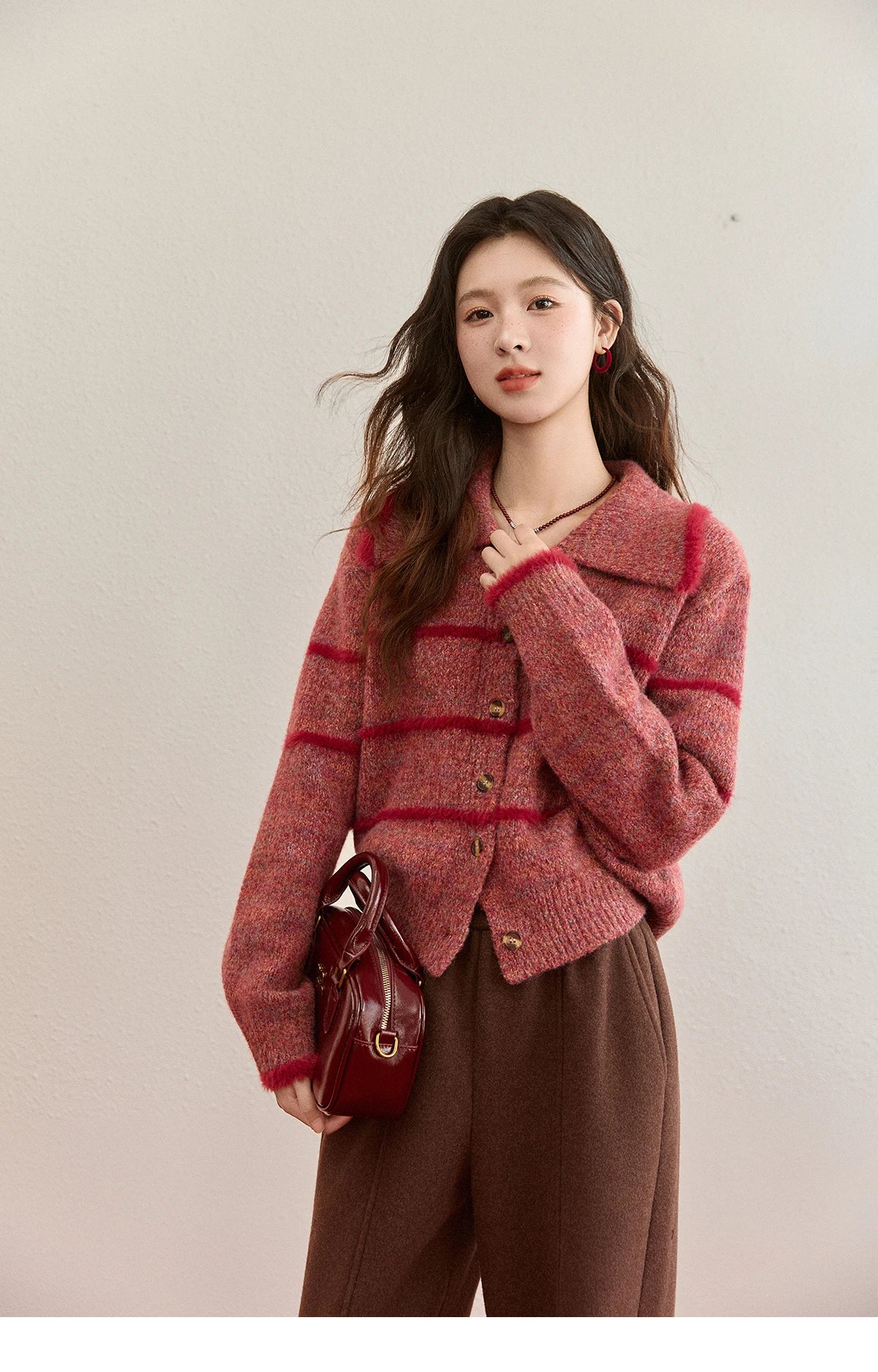 Mishow Red Striped Large Lapel Fleece Cardigan MXE94Z2888