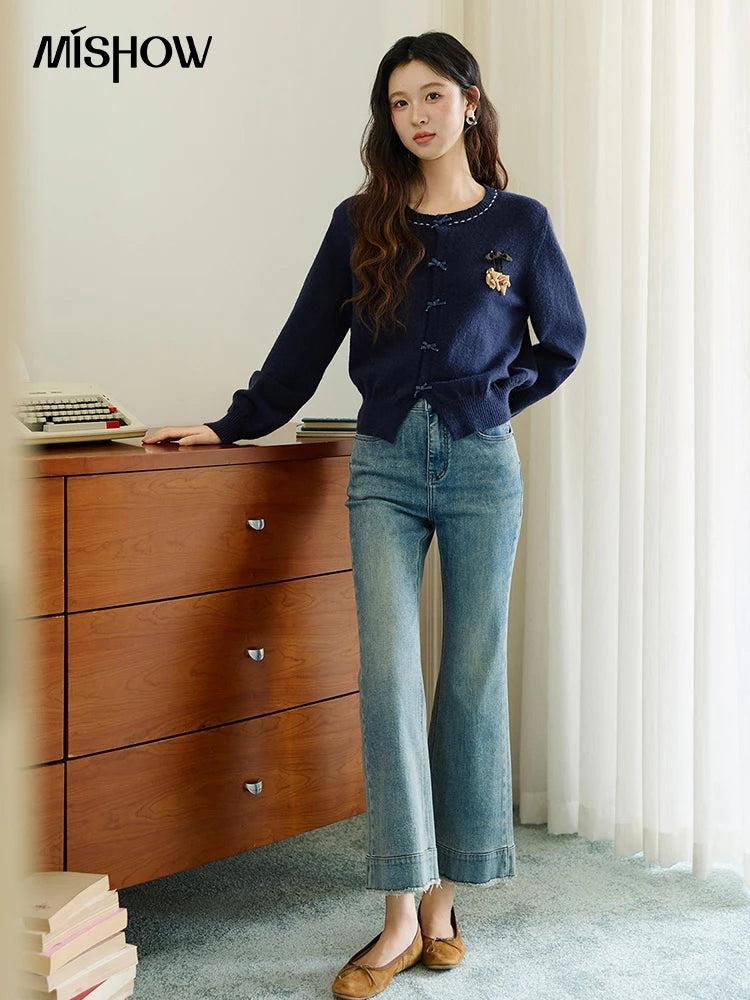 Mishow Bow Placket Lantern Sleeve Cardigan with Brooch MXE45Z1377