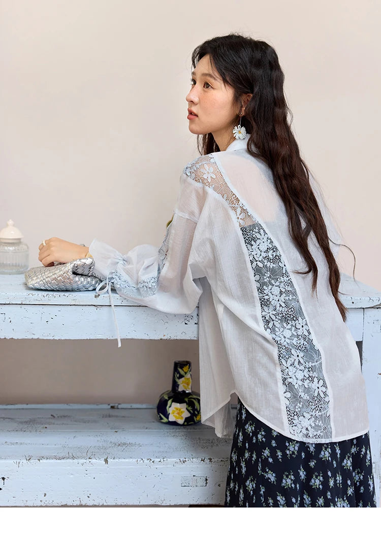 MISHOW Women's Patchwork Lace Shirt Lapel Drop Sleeve Drawstring Cuffs MXE31C0789