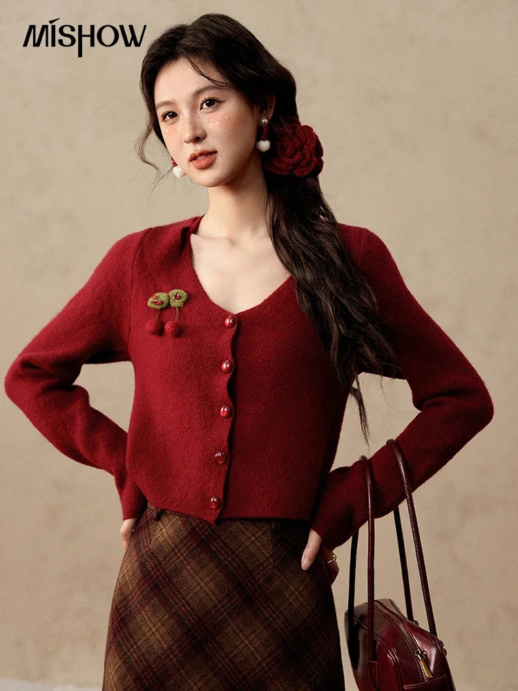 Mishow Red Cherry Ornament Slim V-Neck Cardigan MXD112Z1006
