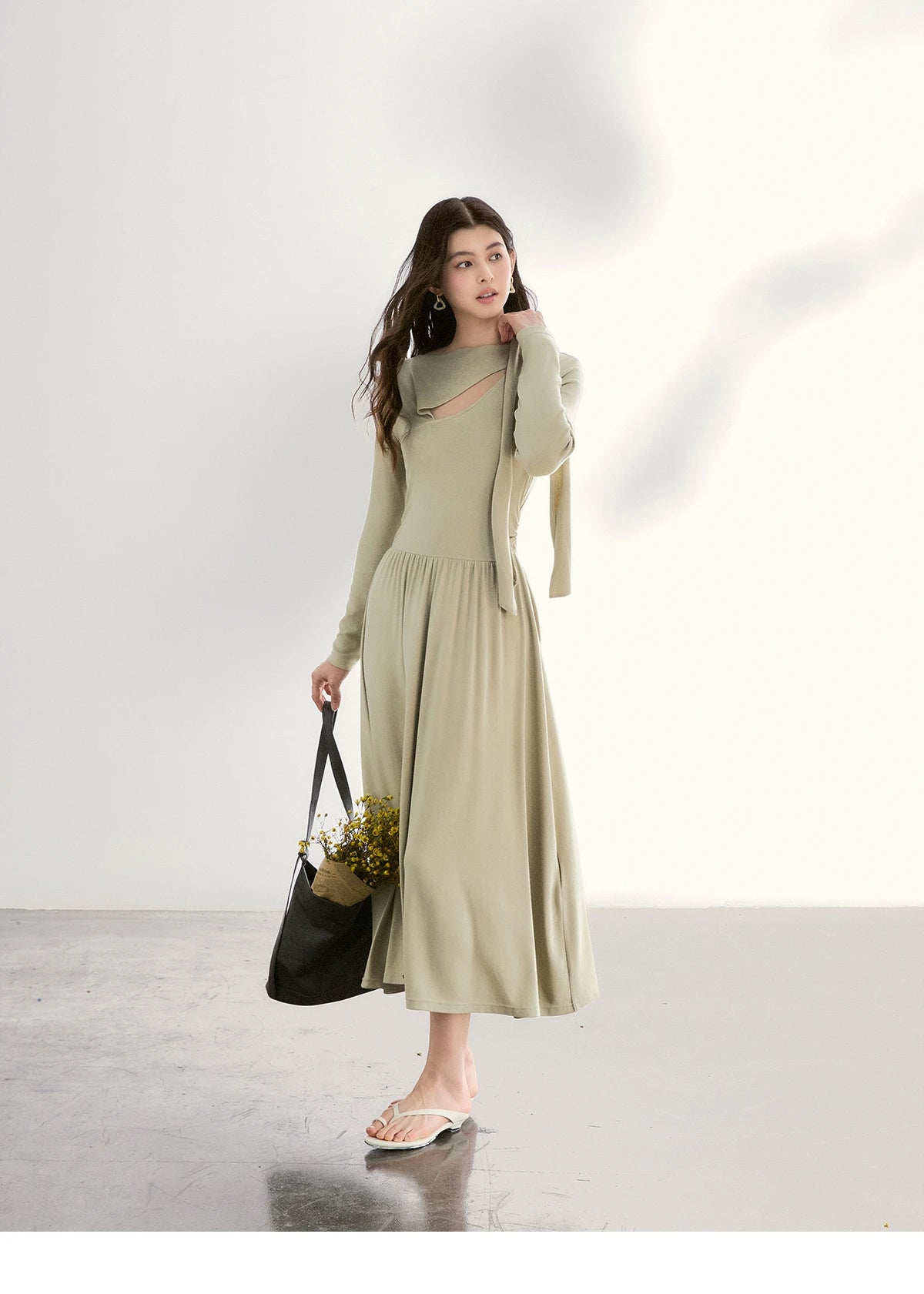 Mishow Light Green Cutout Neck Hollow Ribbon Dress MXF13L2556
