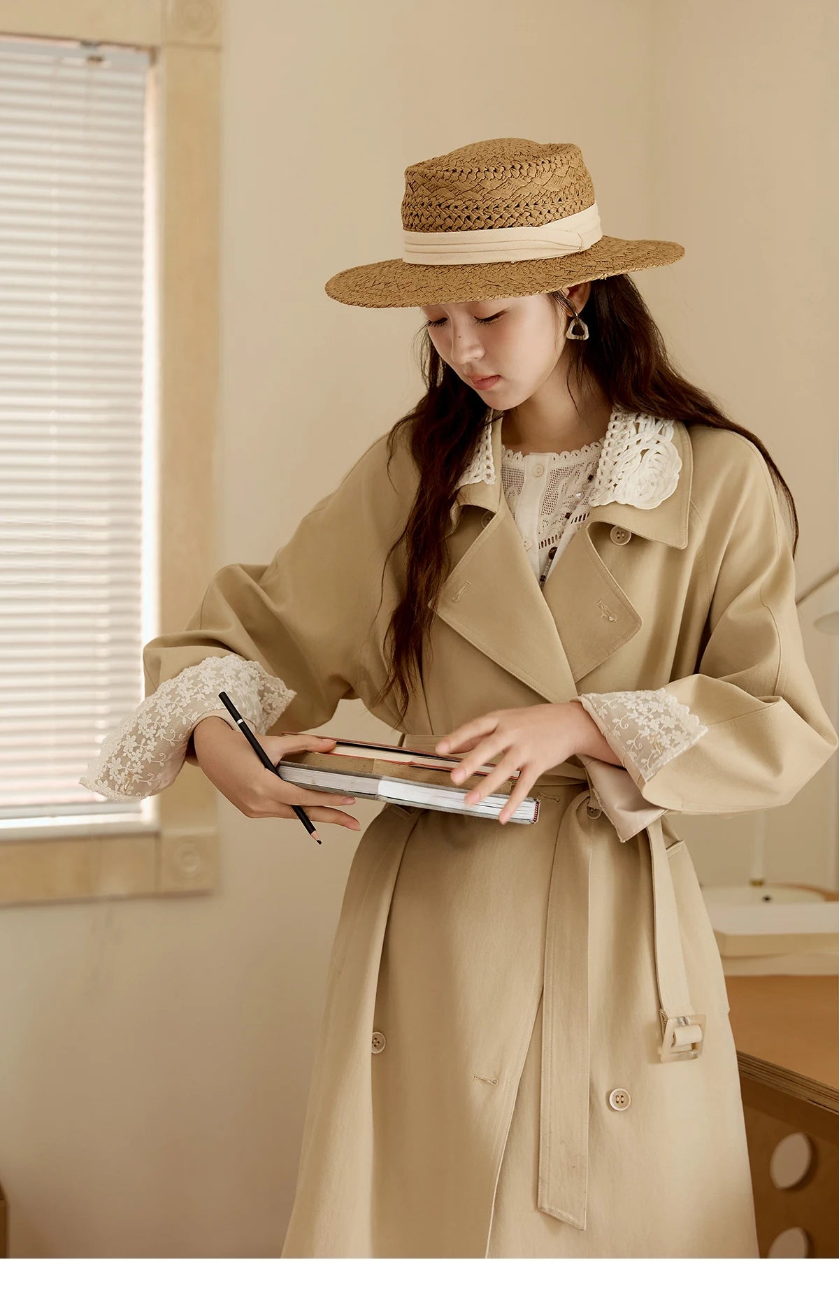 Mishow Light Khaki Lace Long Trench Coat MXE45W0830