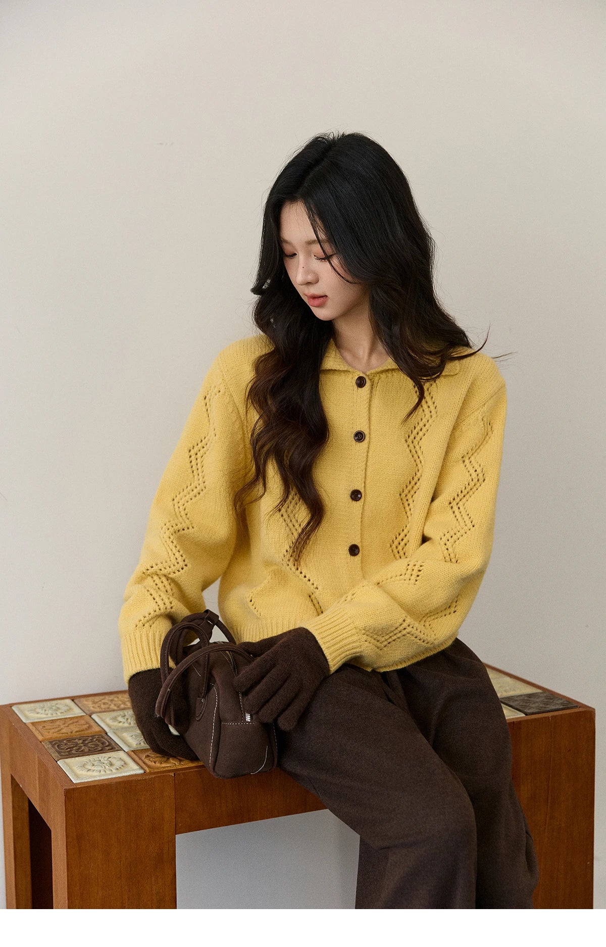 Mishow Yellow Hollow Pattern Lapel Cardigan MXE94Z2961