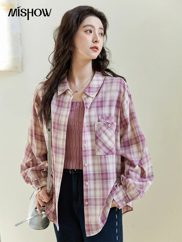 MISHOW Purple Plaid Cotton Shirt Polo Neck Pockets MXE14C0417