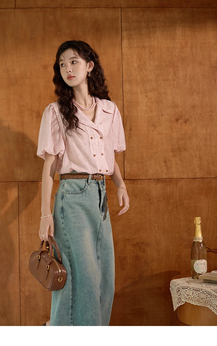 MISHOW Retro Pink Short Sleeve Shirt Ruffled Edge MXD29C0273