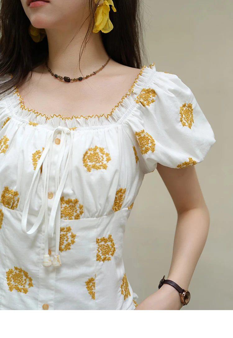 MISHOW Yellow Flower Embroidery Blouse Puff Sleeve Lace Up MXE35X1811