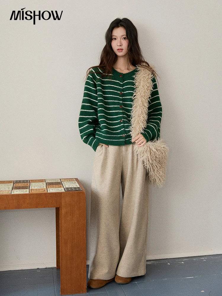 Mishow Green Striped Wool Blend Retro Cardigan MXE86Z2735
