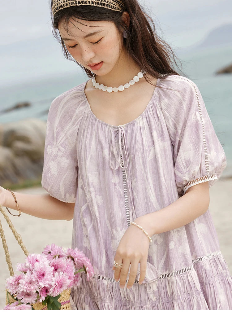 Mishow Print U-Neck Lace Hollow Chiffon Dress MXE32L2164