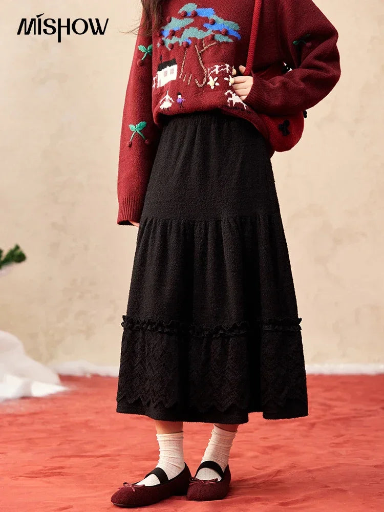 MISHOW Splicing Knitted Skirt Lace Loose Pleated Long MXD59B0632