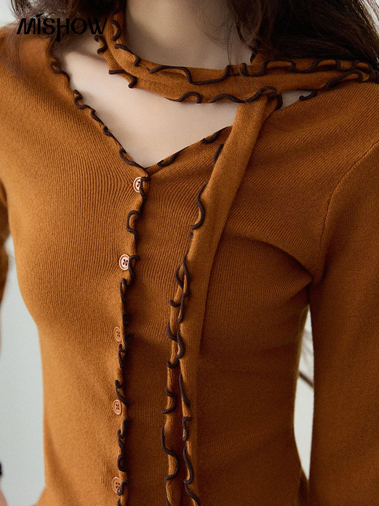 Mishow Ruffled Edge V-Neck Ribbon Knit Pullover MXE86Z2728