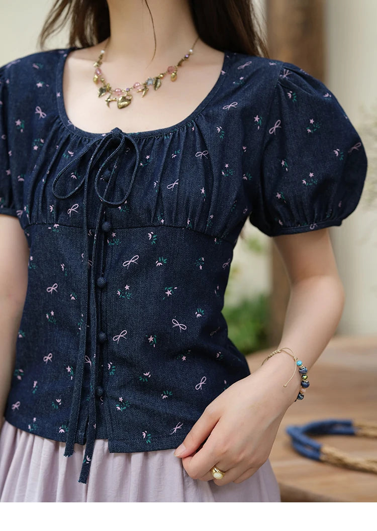MISHOW Puff Sleeve Square Neck Blouse Lace Up Print Denim MXE39X1933