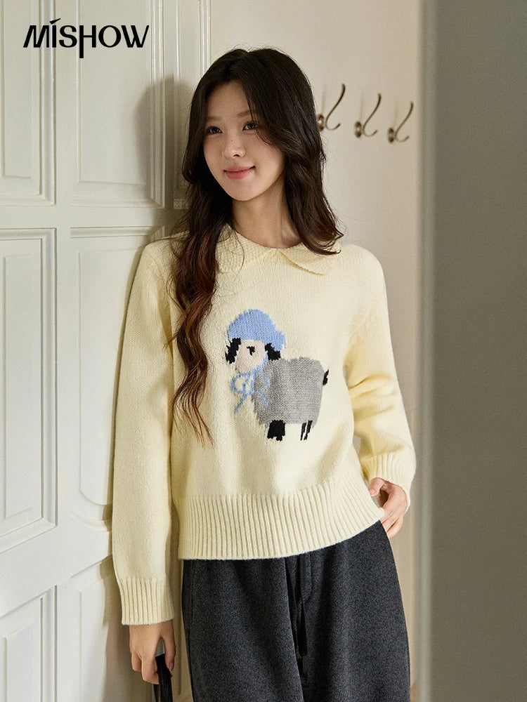 Mishow Beige Sheep Pattern Round Collar Sweater MXE94Z2962