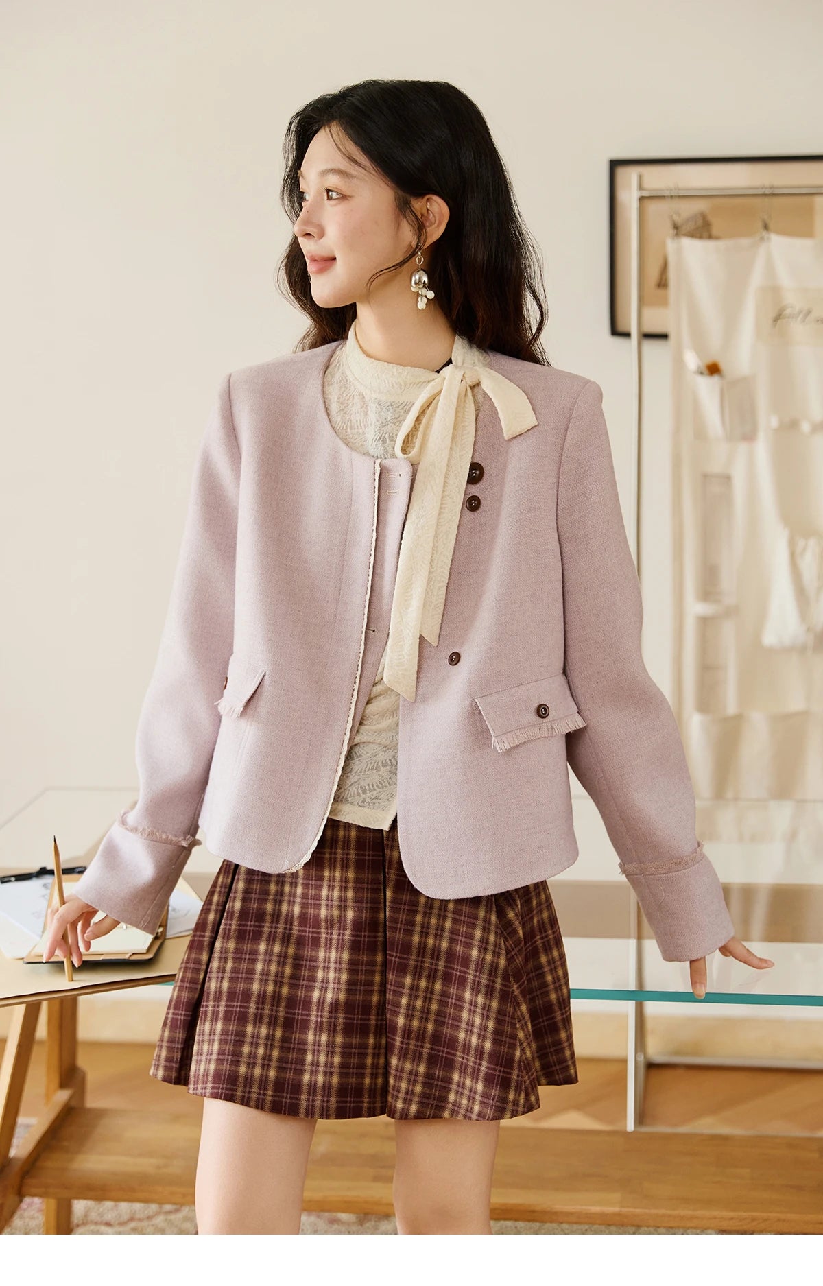 MISHOW Purple Woolen Coat Slanted Placket Splicing Lace Shoulder Pads MXE47W0840